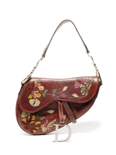 Pre-owned Dior 2005 Floral-embroidered Saddle Handbag In Brown
