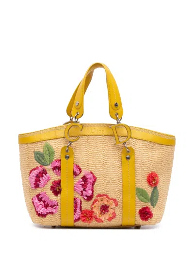 Pre-owned Dior 2005 Limited Edition Raffia Floral Embroidered Tote Bag In Brown