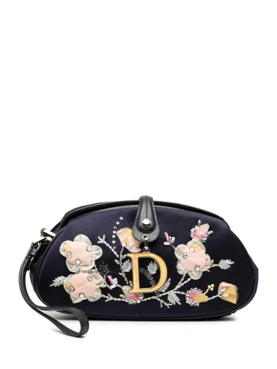 Pre-owned Dior 2005 Limited Edition Satin Floral Beaded Embroidered Detective Clutch Bag In Blue