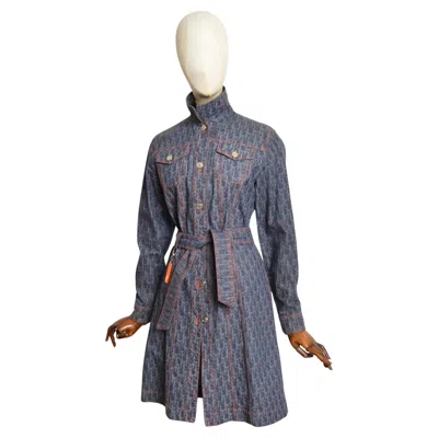 Pre-owned Dior 2006 Christian  John Galliano Denim Trotter Monogram Belted Long Jacket Coat In Gray
