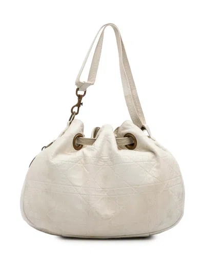 Pre-owned Dior 2006 Lambskin Cannage Drawstring Hobo Bag In White
