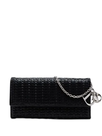 Pre-owned Dior 2008 Woven Lambskin Lady  Rendezvouz Wallet On Chain Handbag In Black