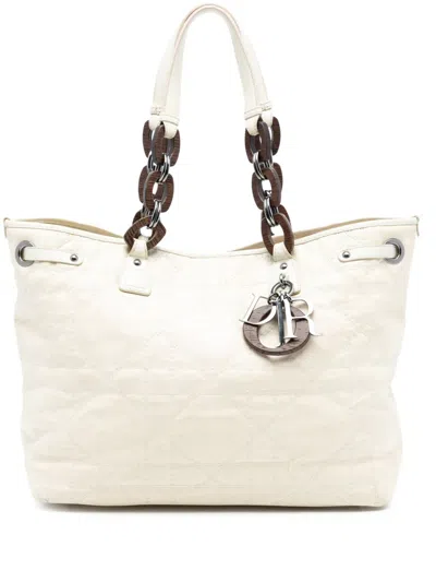 Pre-owned Dior 2009 Medium Coated Canvas Cannage Panarea Tote Bag In White