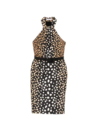 Pre-owned Dior 2009 Polka Dot Silk Halterneck Midi Dress In Black