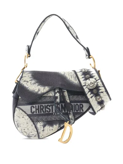 Pre-owned Dior 2010-2025 Canvas Embroidered Tie Dye Saddle Bag Shoulder Bag In Blue