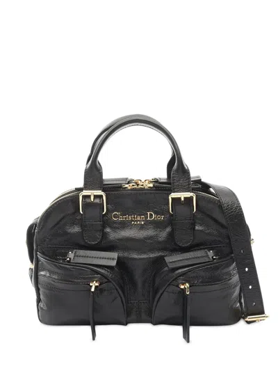 Pre-owned Dior 2010-2025 Crinkled Calfksin Grand Tour Bowling Bag Satchel In Black