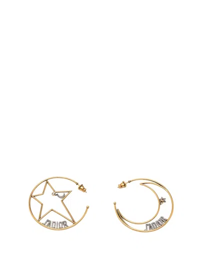 Pre-owned Dior 2010-2025 Gold Plated Moon And Star Ja Hoop Push Back Earrings Costume Earrings