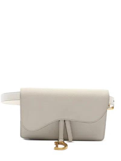 Pre-owned Dior 2010-2025 Grained Calfskin Saddle Pouch Belt Bag In White