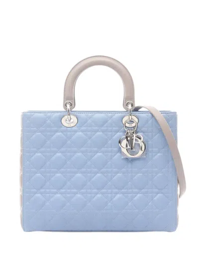 Pre-owned Dior 2010-2025 Large Bicolor Lambskin Cannage Lady  Satchel In Blue
