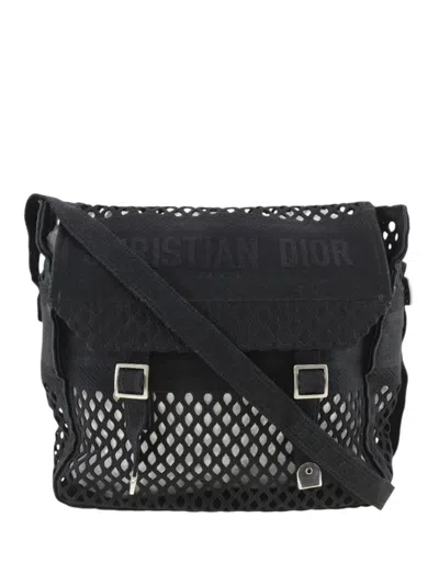 Pre-owned Dior 2010-2025 Large Embroidered Mesh Canvas Camp Messenger Bag Crossbody Bag In Black