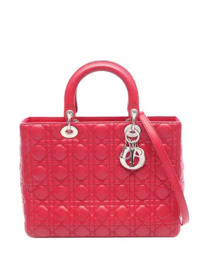 Pre-owned Dior 2010-2025 Large Lambskin Cannage Lady  Satchel In Red