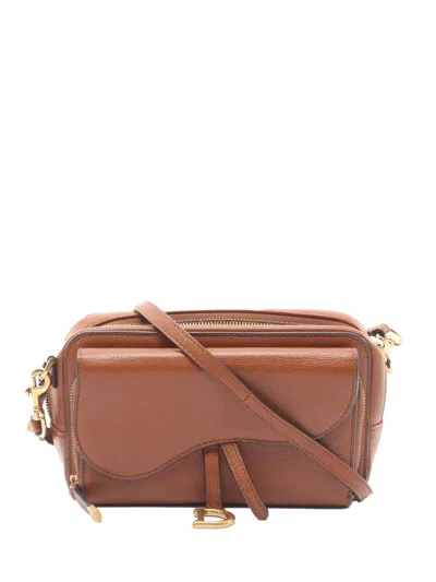 Pre-owned Dior 2010-2025 Leather Double Saddle Pouch Crossbody Bag In Brown