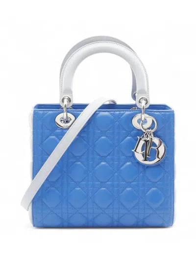 Pre-owned Dior 2010-2025 Medium Bicolor Lambskin Cannage Lady  Satchel In Blue