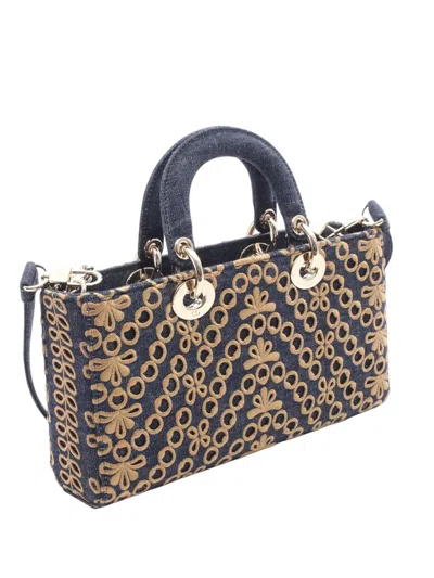Pre-owned Dior 2010-2025 Medium Embroidered Denim Lady D Joy Satchel In Blue