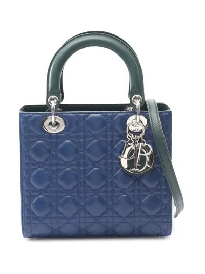 Pre-owned Dior 2010-2025 Medium Lambskin Cannage Lady  Handbag In Blue