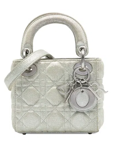 Pre-owned Dior 2010-2025 Micro Metallic Calfskin Cannage Lady  Satchel In Silver
