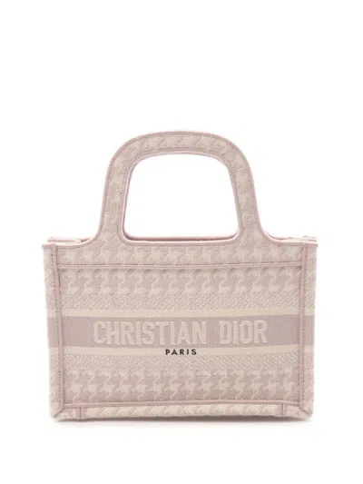 Pre-owned Dior 2010-2025 Mini Houndstooth Embroidered Canvas Book Tote Handbag In Pink