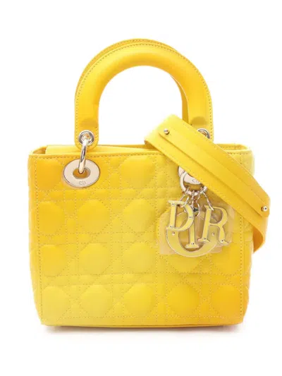 Pre-owned Dior 2010-2025 Small Gradient Lambskin Cannage Lady  Satchel In Yellow