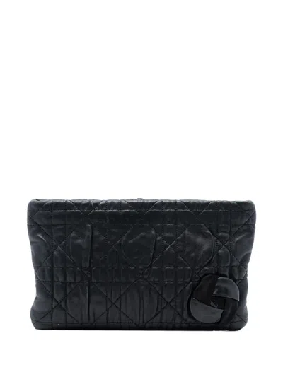 Pre-owned Dior 2010 Calfskin Cannage Rose Clutch Bag In Black