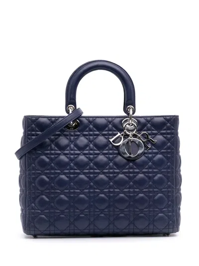 Pre-owned Dior 2010 Large Lambskin Cannage Lady  Satchel In Blue