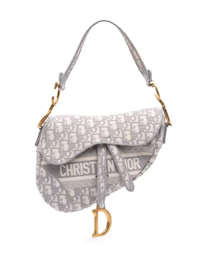 Pre-owned Dior 2010 Oblique Canvas Embroidered Saddle Bag Shoulder Bag In Gray