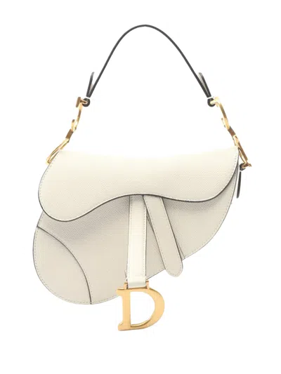 Pre-owned Dior 2010-2025 Mini Grained Calfskin Saddle Bag Handbag In White