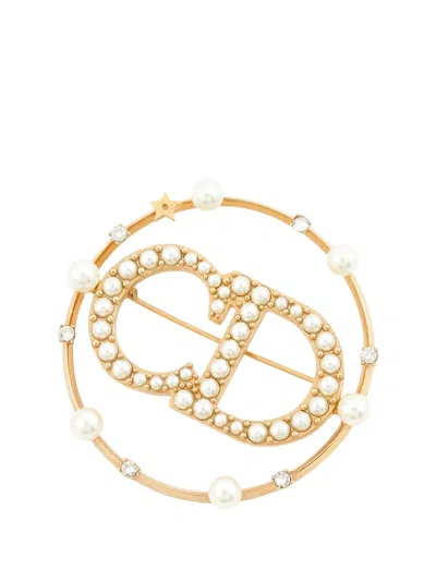 Pre-owned Dior 2010-2026 Gold Plated Crystal And Faux Pearl Clair D Lune Brooch Costume Brooch