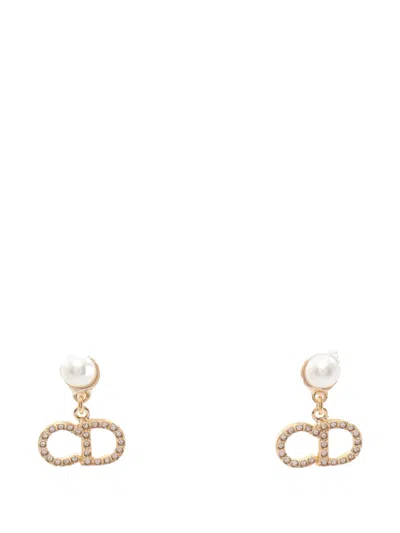 Pre-owned Dior 2010-2026 Gold Plated Faux Pearl And Strass Cd Logo Drop Tribales Push Back Earrings Costume Earring