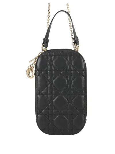 Pre-owned Dior 2010-2026 Lambskin Cannage Lady  Call In Phone Holder Satchel In Black