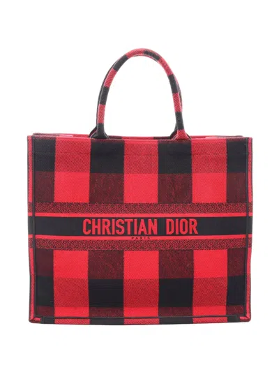 Pre-owned Dior 2010-2026 Large Canvas Plaid Oblique Tote Bag In Red