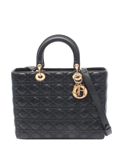 Pre-owned Dior 2010-2026 Large Lambskin Cannage Lady  Satchel In Black