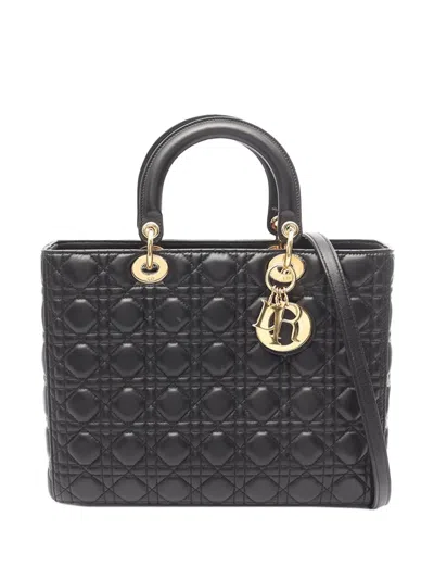 Pre-owned Dior 2010-2026 Large Lambskin Cannage Lady  Satchel In Black