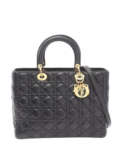 Pre-owned Dior 2010-2026 Large Lambskin Cannage Lady  Satchel In Black