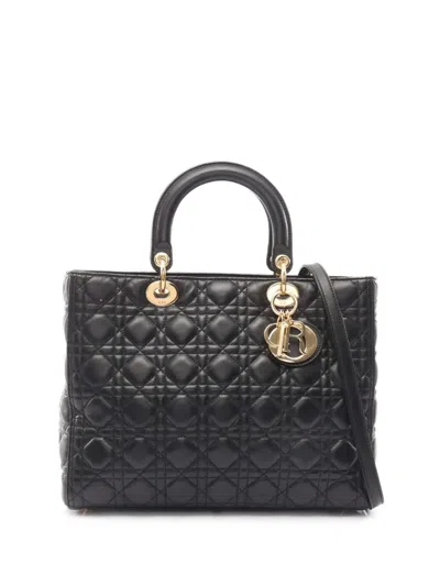 Pre-owned Dior 2010-2026 Large Lambskin Cannage Lady  Satchel In Black