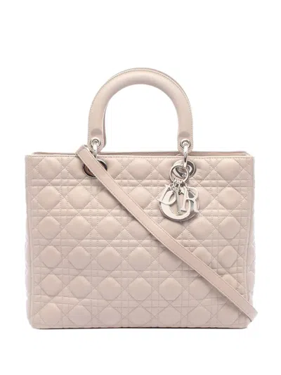 Pre-owned Dior 2010-2026 Large Lambskin Cannage Lady  Satchel In Neutrals