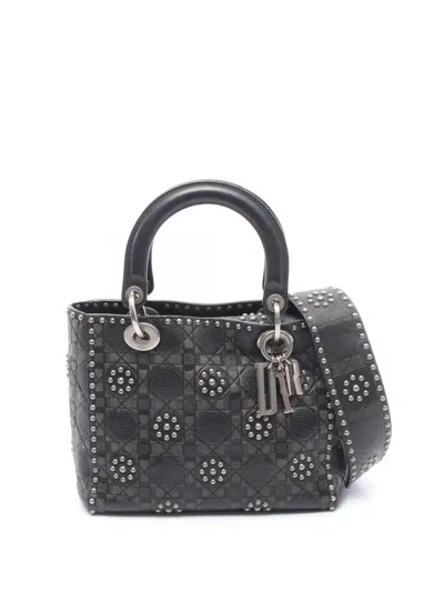 Pre-owned Dior 2010-2026 Medium Calfskin Cannage Embossed Flower Studded Supple Lady  Satchel In Black