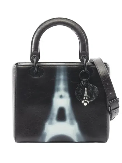 Pre-owned Dior 2010-2026 Medium Crinkled Calfskin Eiffel Tower Lady  Satchel In Black