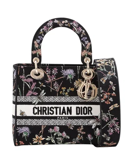 Pre-owned Dior 2010-2026 Medium Embroidered Canvas Herbarium Lady D Lite Satchel In Black