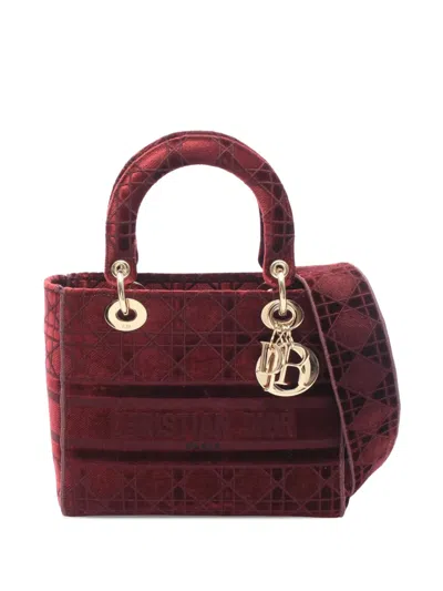 Pre-owned Dior 2010-2026 Medium Embroidered Velvet Cannage Lady D Lite Satchel In Red