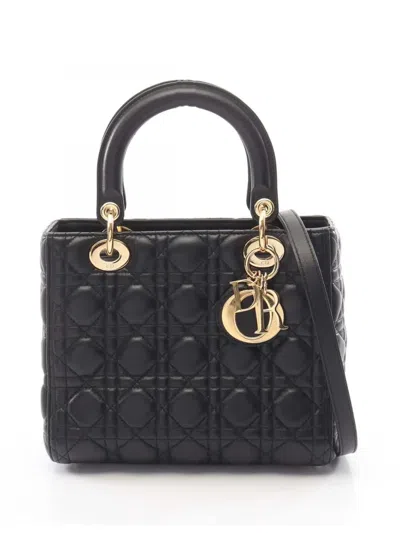 Pre-owned Dior 2010-2026 Medium Lambskin Cannage Lady  Satchel In Black