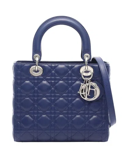 Pre-owned Dior 2010-2026 Medium Lambskin Cannage Lady  Satchel In Blue