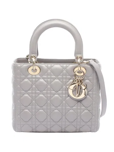 Pre-owned Dior 2010-2026 Medium Lambskin Cannage Lady  Satchel In Gray