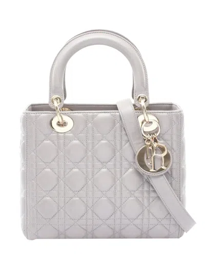 Pre-owned Dior 2010-2026 Medium Lambskin Cannage Lady  Satchel In Gray