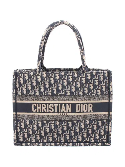 Pre-owned Dior 2010-2026 Medium Oblique Embroidered Canvas Book Tote Bag In Blue
