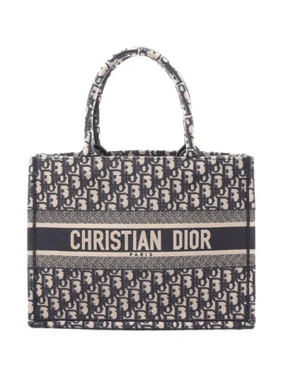 Pre-owned Dior 2010-2026 Medium Oblique Embroidered Canvas Book Tote Bag In Blue