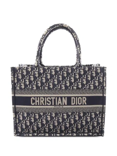 Pre-owned Dior 2010-2026 Medium Oblique Embroidered Canvas Book Tote Bag In Blue