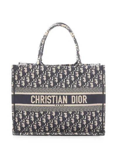 Pre-owned Dior 2010-2026 Medium Oblique Embroidered Canvas Book Tote Bag In Blue