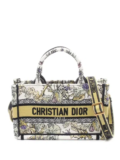 Pre-owned Dior 2010-2026 Mini Canvas Embroidered Hibiscus Book Tote Satchel In White