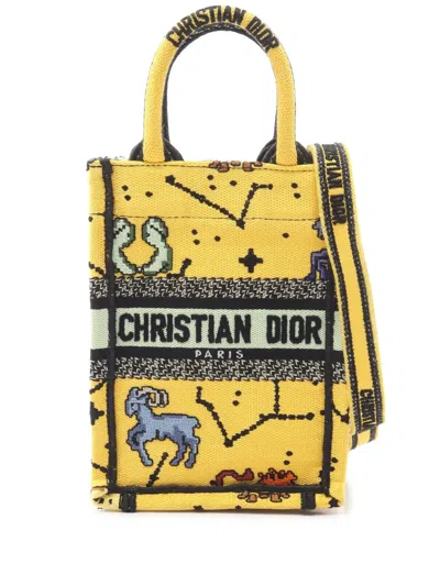 Pre-owned Dior 2010-2026 Mini Embroidered Canvas Vertical Book Tote Satchel In Yellow