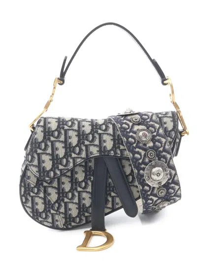 Pre-owned Dior 2010-2026 Mini Oblique Canvas Saddle Bag Satchel In Blue